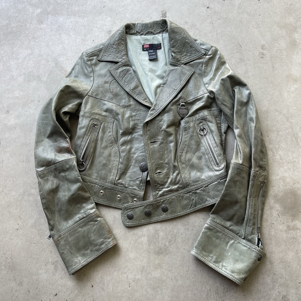 Rare Archive Diesel Olive‎ Green Leather Moto Biker Jacket Y2K Cropped Size M